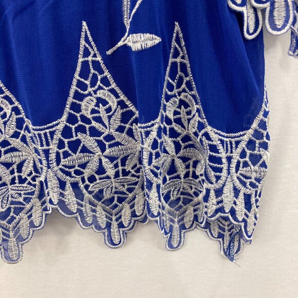 Alfani size XL Royal Blue White Embroidered Mesh Boho Artsy Blouse Festival - Picture 7 of 10
